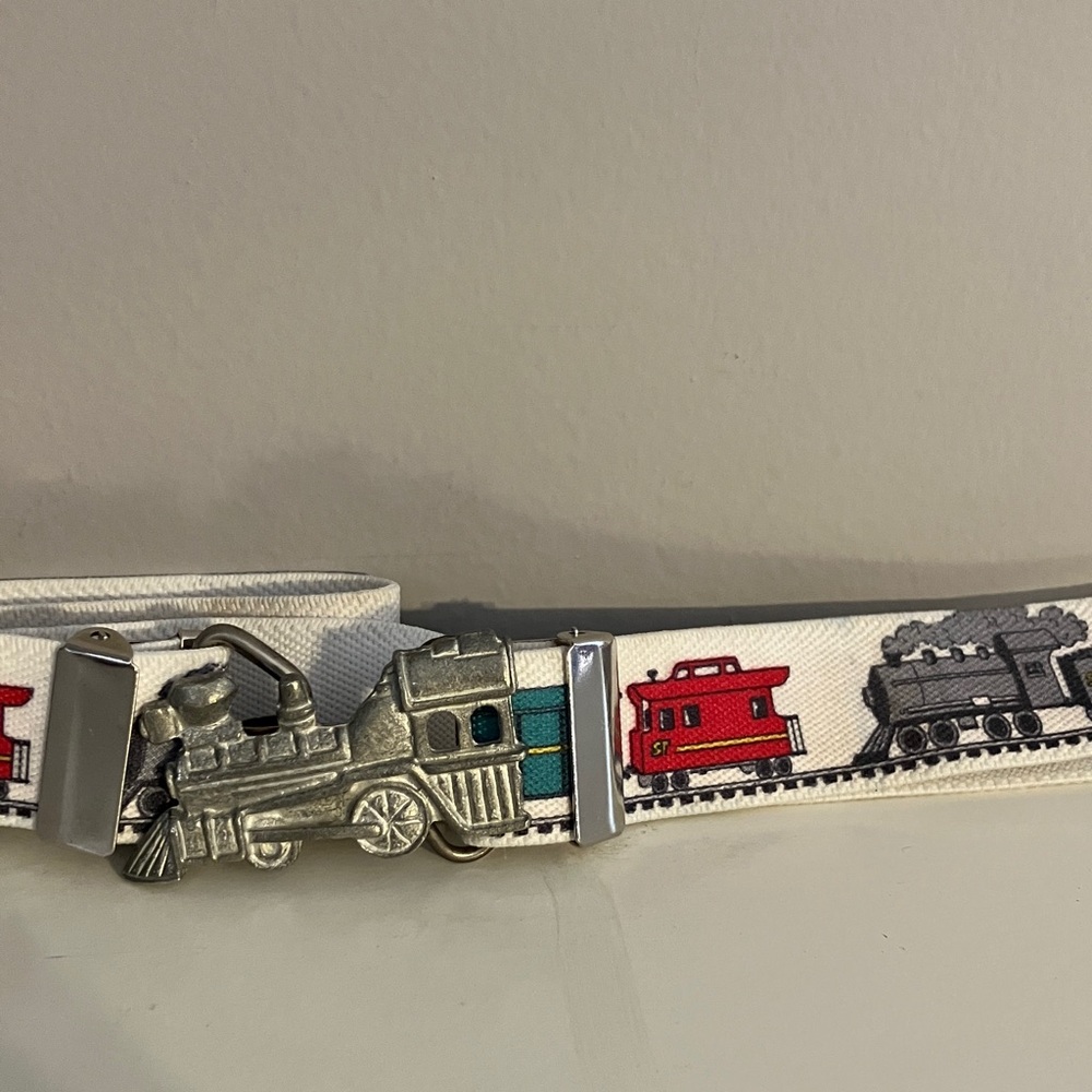 White Train Themed Belt with Silver Buckle 20” and with elastic stretch